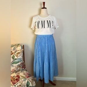 Pleated Swing Skirt Midi w/ Pockets EXLURA High Waist, Dots Blue, White, Womens